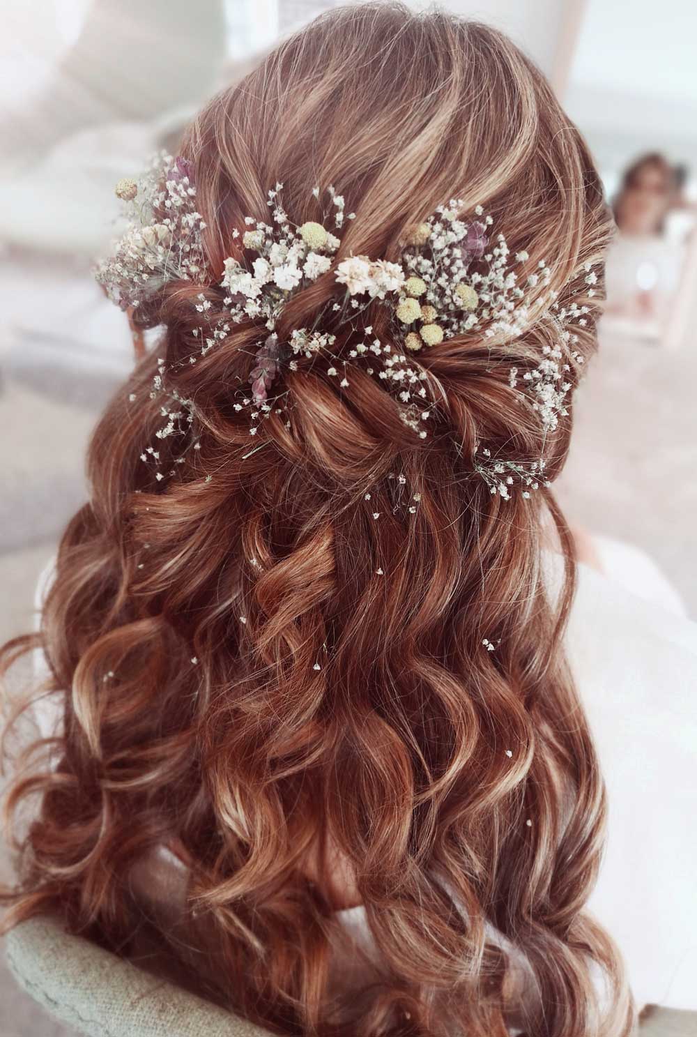 Long hair style, with dried flowers for wedding wairarapa